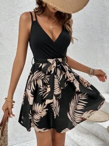 SHEIN Frenchy 熱帶圖案腰帶吊帶連衣裙 - 黑色 - 查看 4