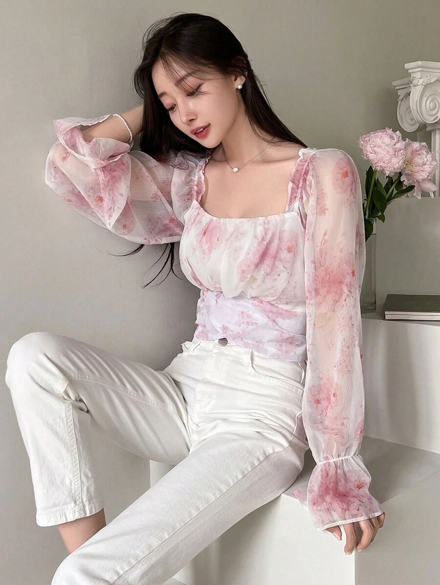 DAZY In hoa Cổ vuông tay áo lá sen Áo sơ mi - Hồng - Xem 1