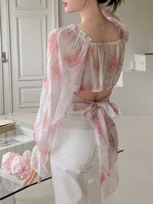 DAZY In hoa Cổ vuông tay áo lá sen Áo sơ mi - Hồng - Xem 2