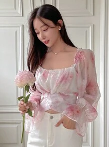 DAZY In hoa Cổ vuông tay áo lá sen Áo sơ mi - Hồng - Xem 4