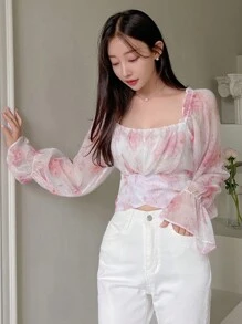 DAZY In hoa Cổ vuông tay áo lá sen Áo sơ mi - Hồng - Xem 8