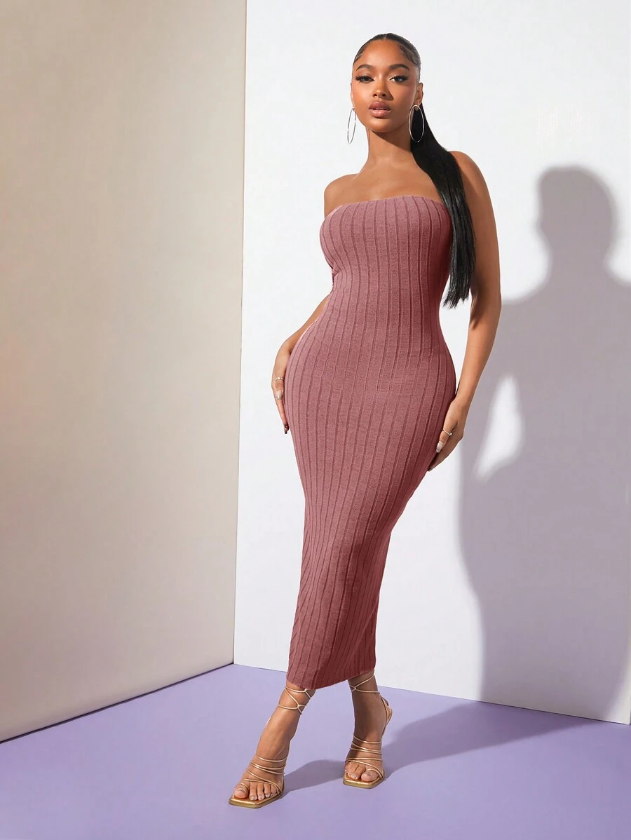 SHEIN SXY 素色抹胸緊身連衣裙 - 藕粉色 - 查看 1