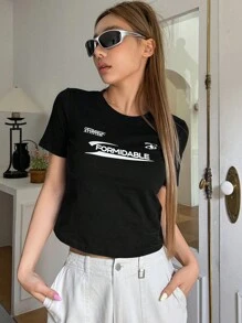 DAZY 字母圖案短款T恤 - 黑色 - 查看 2