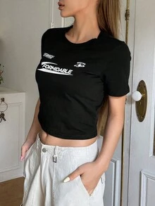 DAZY 字母圖案短款T恤 - 黑色 - 查看 4