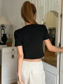 DAZY 字母圖案短款T恤 - 黑色 - 查看 5