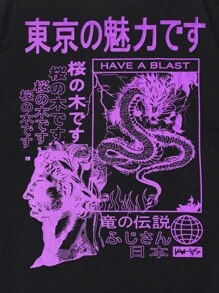 ROMWE MEN Anime Các bạn Áo thun Bông Thư tiếng Nhật & Đồ họa rồng - màu đen - Xem 4