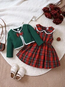 SHEIN 女嬰格子呢圖案連衣裙&前蝴蝶結夾克 - 彩色 - 查看 1