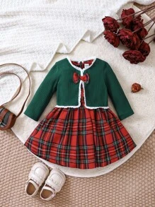 SHEIN 女嬰格子呢圖案連衣裙&前蝴蝶結夾克 - 彩色 - 查看 3