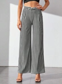 SHEIN Tall Gingham Wide Leg Pants - Black and White - View 1
