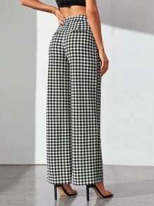 SHEIN Tall Gingham Wide Leg Pants - Black and White - View 2