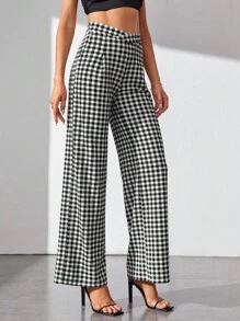 SHEIN Tall Gingham Wide Leg Pants - Black and White - View 3
