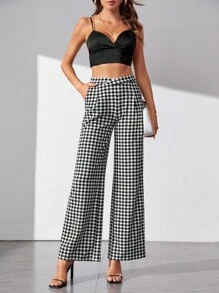 SHEIN Tall Gingham Wide Leg Pants - Black and White - View 4