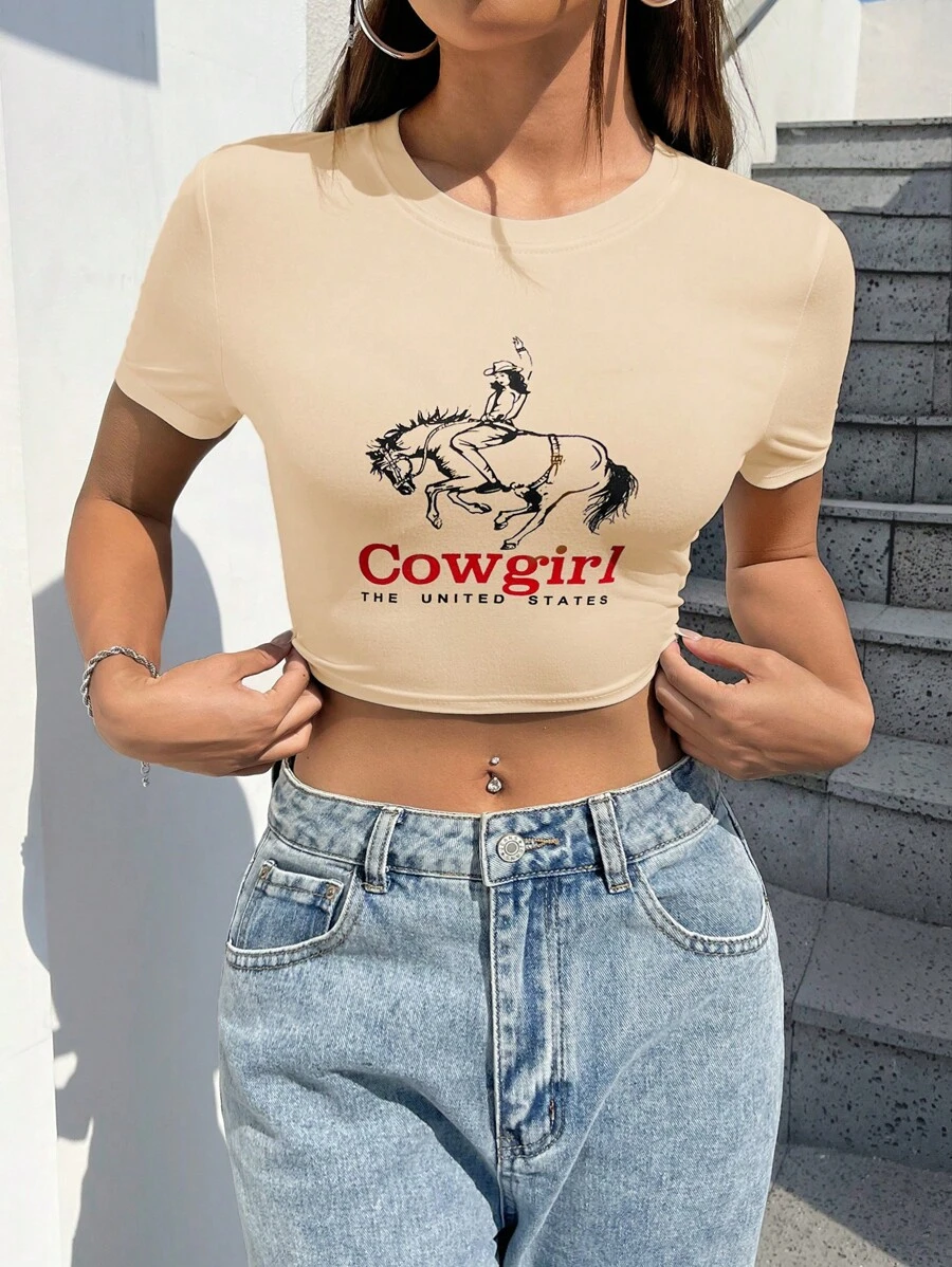 SHEIN EZwear Áo thun nữ Con số Slogan Giải trí - Màu be - Xem 1