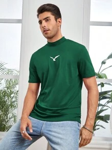 GENTILAND 男士棉鳥印花小高領T恤 - 墨綠色 - 查看 1