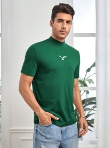 GENTILAND 男士棉鳥印花小高領T恤 - 墨綠色 - 查看 3