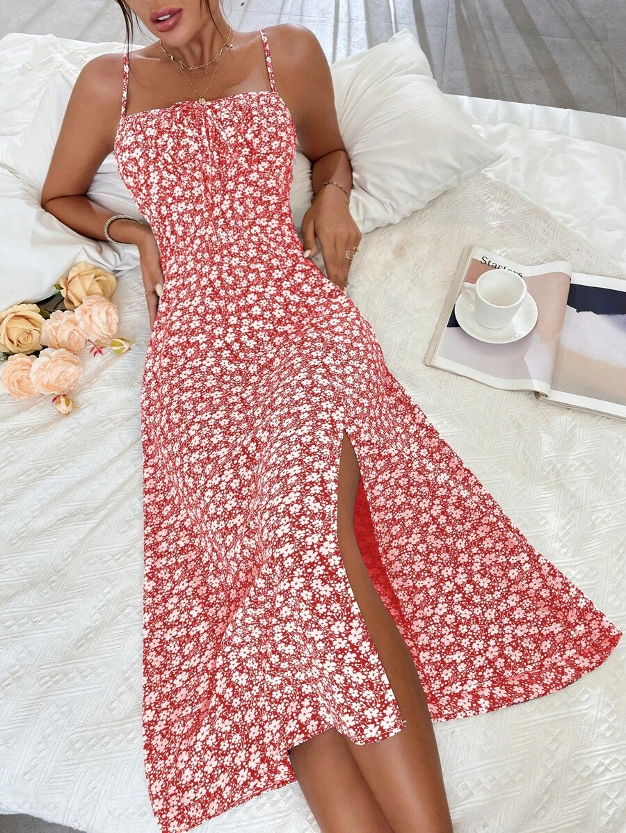 Breezaya 碎花前繫帶高衩吊帶連衣裙 - 紅白色 - 查看 1