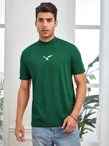 GENTILAND 男士棉鳥印花小高領T恤 - 墨綠色 - 查看 4