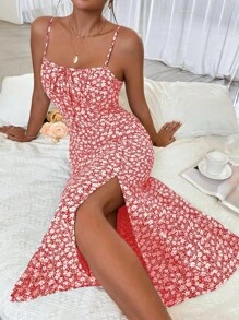 Breezaya 碎花前繫帶高衩吊帶連衣裙 - 紅白色 - 查看 3