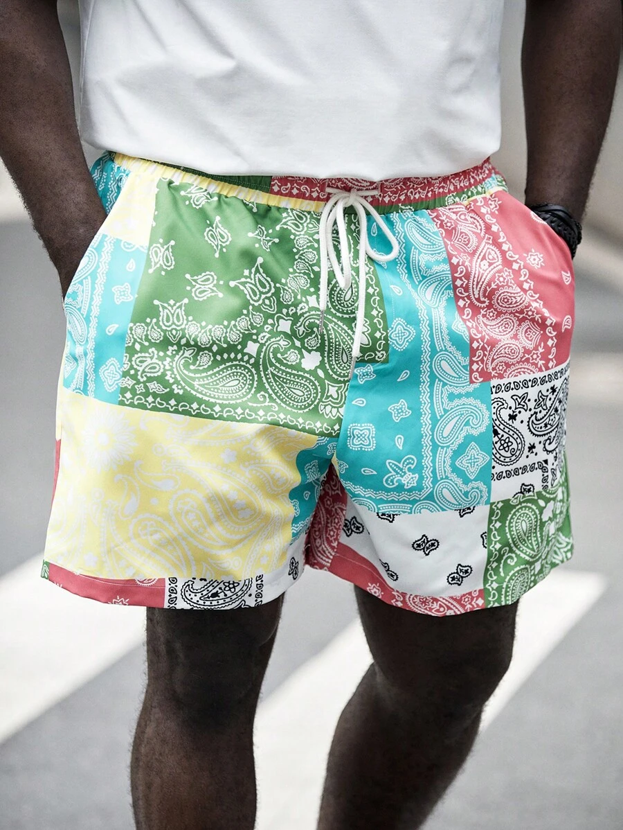 EASEVO 男士大码佩斯利印花腰部抽繩短褲 - 彩色 - 查看 1