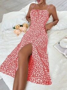 Breezaya 碎花前繫帶高衩吊帶連衣裙 - 紅白色 - 查看 5