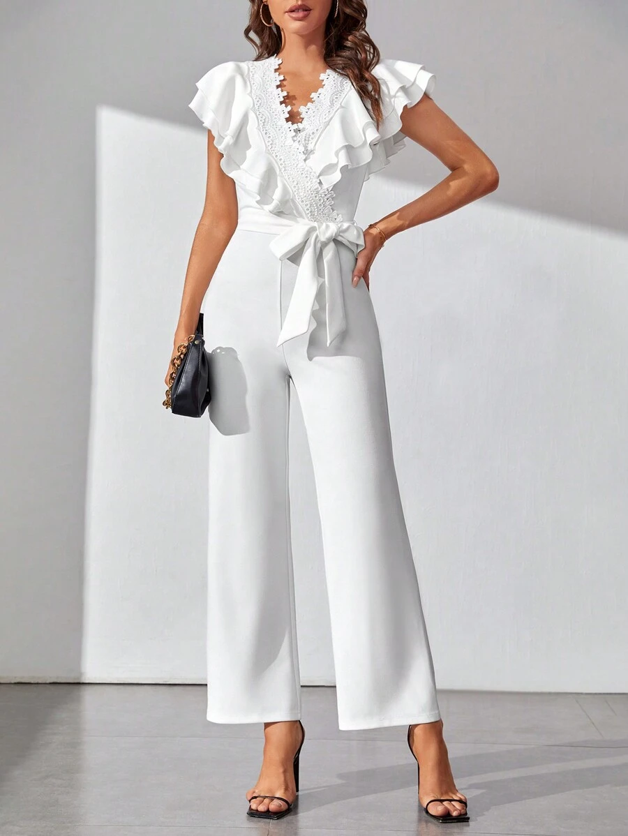 SHEIN Tall Ruffle Trim Belted Wide Leg Jumpsuit - White - View 1
