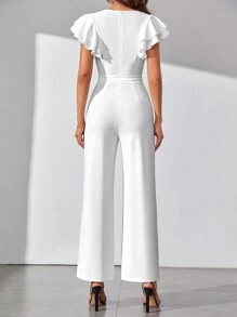 SHEIN Tall Ruffle Trim Belted Wide Leg Jumpsuit - White - View 2