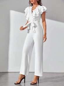SHEIN Tall Ruffle Trim Belted Wide Leg Jumpsuit - White - View 3