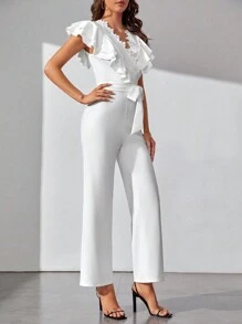 SHEIN Tall Ruffle Trim Belted Wide Leg Jumpsuit - White - View 4