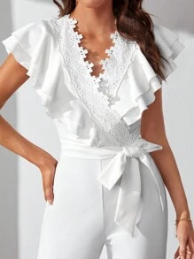 SHEIN Tall Ruffle Trim Belted Wide Leg Jumpsuit - White - View 6