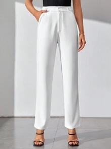 SHEIN Tall 素色斜口袋直筒褲 - 白色 - 查看 3