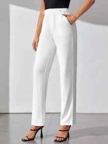 SHEIN Tall 素色斜口袋直筒褲 - 白色 - 查看 4
