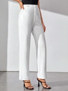 SHEIN Tall 素色斜口袋直筒褲 - 白色 - 查看 5