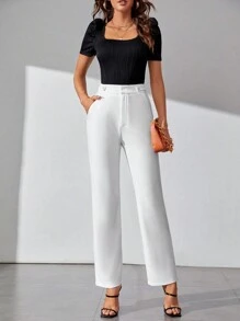 SHEIN Tall 素色斜口袋直筒褲 - 白色 - 查看 1