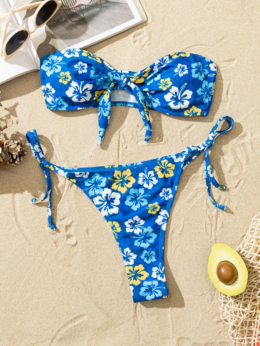 SHEIN 印花抹胸側繫帶比基尼泳裝 - 彩色 - 查看 1