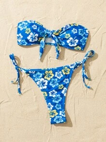 SHEIN 印花抹胸側繫帶比基尼泳裝 - 彩色 - 查看 3