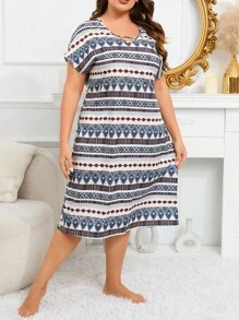 大碼幾何印花蝙蝠袖睡裙 - 彩色 - 查看 5