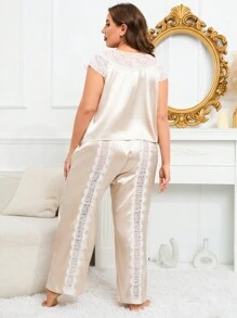 大碼蕾絲拼接前繫帶緞面睡衣套裝 - 香檳色 - 查看 2