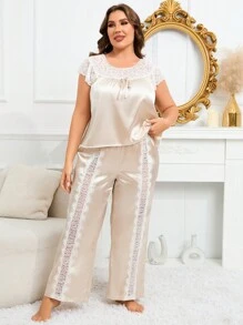 大碼蕾絲拼接前繫帶緞面睡衣套裝 - 香檳色 - 查看 4