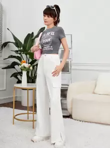 SHEIN Quần con gái Nút Túi Chia Dây kéo màu trơn Giải trí - trắng - Xem 4