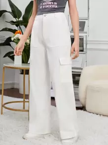 SHEIN Quần con gái Nút Túi Chia Dây kéo màu trơn Giải trí - trắng - Xem 5