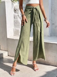 SHEIN Frenchy Split Thigh Belted Wide Leg Trousers - Green - View 3