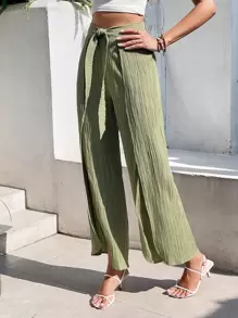 SHEIN Frenchy Split Thigh Belted Wide Leg Trousers - Green - View 4