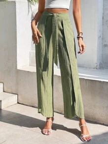 SHEIN Frenchy Split Thigh Belted Wide Leg Trousers - Green - View 6
