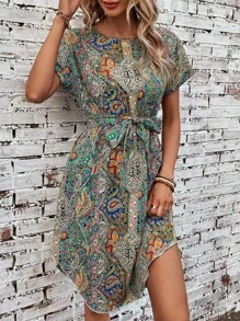 SHEIN LUNE 佩斯利印花蝙蝠袖繫腰帶連衣裙 - 綠色 - 查看 3