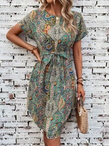 SHEIN LUNE 佩斯利印花蝙蝠袖繫腰帶連衣裙 - 綠色 - 查看 6