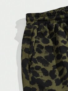 GENTILAND 男士豹紋印花腰部抽繩短褲 - 軍綠色 - 查看 3