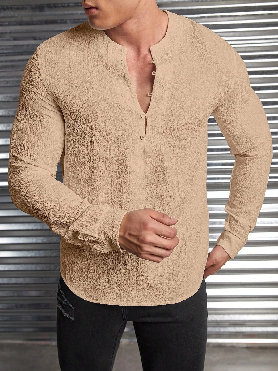 GENTILAND 男士素色半排扣前襯衫 - 駝色 - 查看 1