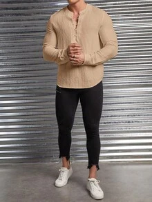 GENTILAND 男士素色半排扣前襯衫 - 駝色 - 查看 3