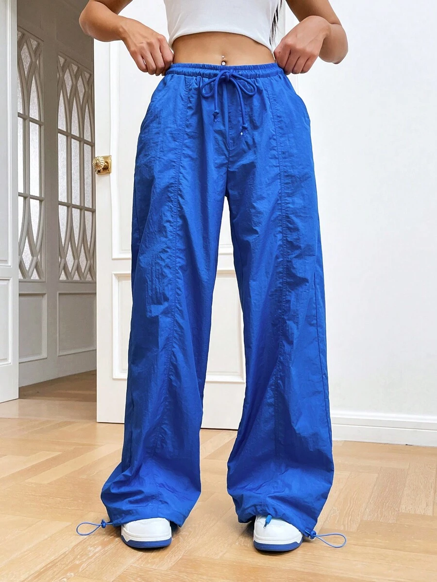 SHEIN EZwear 腰部抽繩闊腿褲 - 藍色 - 查看 1
