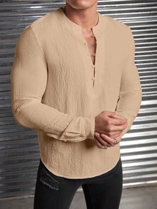 GENTILAND 男士素色半排扣前襯衫 - 駝色 - 查看 4